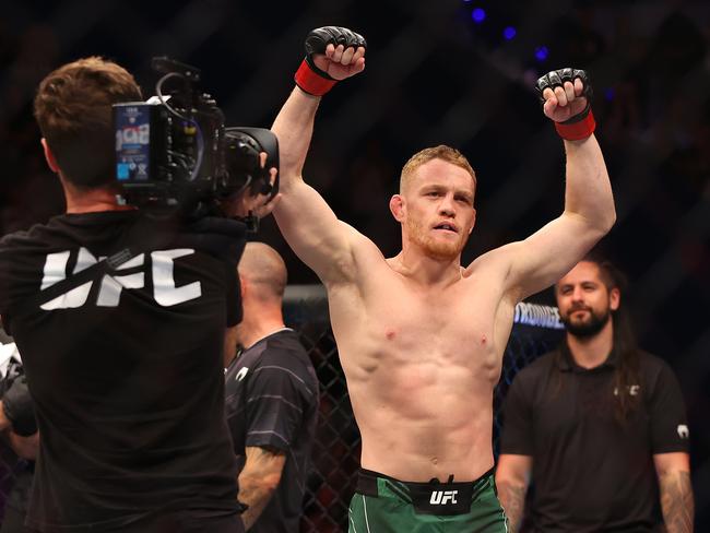 Jack Della Maddalena celebrates after his submission victory over Randy Brown at UFC 284 in Perth. Picture: Getty Images