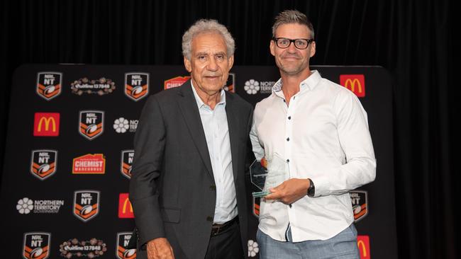 Charlie King and Duncan Macgillivray at the 2023 NRL NT Frank Johnson / Gaynor Maggs medal night. Picture: Pema Tamang Pakhrin