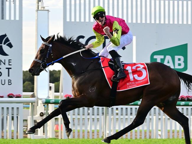 Knight's Choice wins the Group 3 Winx Guineas on the Sunshine Coast for trainers Sheila Laxon and John Symons and apprentice jockey Jaden Lloyd. Picture: Grant Peters, Trackside Photography