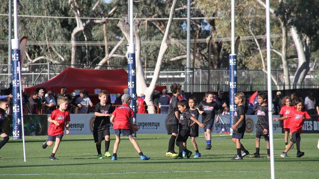 The Auskickers come out at half time at the Demons Saints game at Traeger Park, Alice Springs, June 1, 2025. Picture: Gera Kazakov