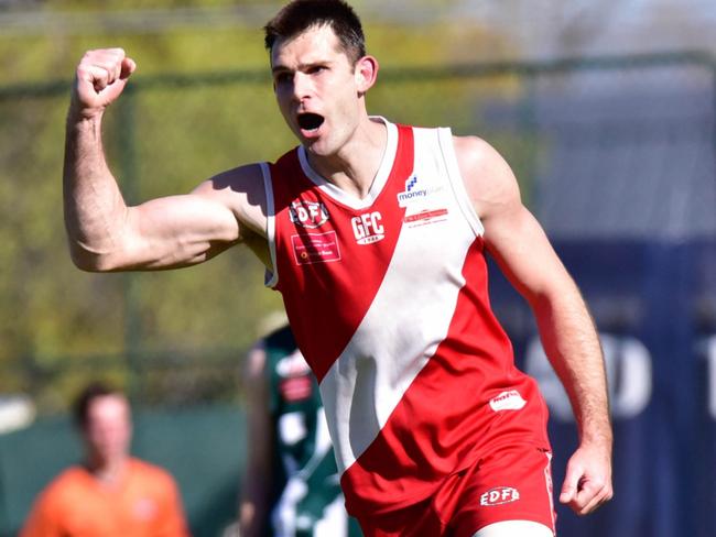 Glenroy's Adam Winter celebrates one of his seven goals in the EDFL grand final against Airport West. Picture: Jamie Morey