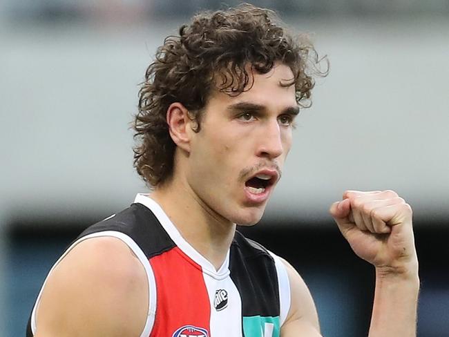 PERTH, AUSTRALIA - JULY 24: Max King of the Saints celebrates after scoring a goal during the 2021 AFL Round 19 match between the West Coast Eagles and the St Kilda Saints at Optus Stadium on July 24, 2021 in Perth, Australia. (Photo by Will Russell/AFL Photos via Getty Images)