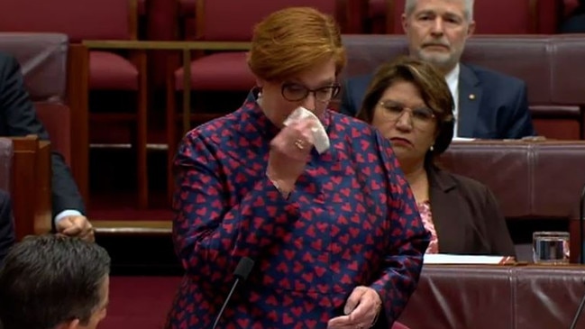 Marise Payne wipes away a tear during her valedictory speech to the Senate. Picture: Supplied