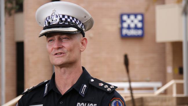 Northern Territory Police southern commander James Gray-Spence out the front of Alice Springs police station on December 31, 2024. Picture: Gera Kazakov