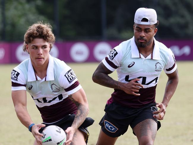 Reece Walsh and Ezra Mam, Brisbane Broncos training, Red Hill. Picture: Liam Kidston