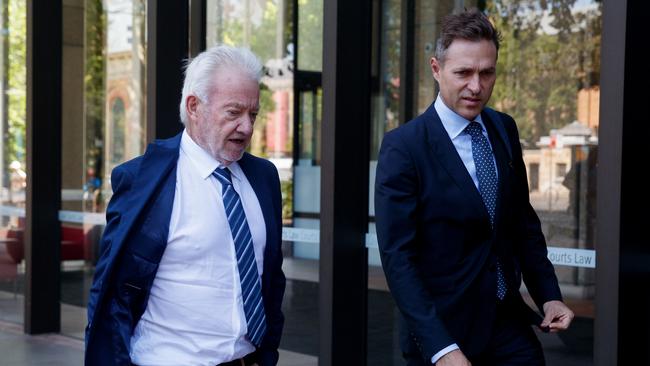 Peter Meakin, the 81-year-old TV news titan, enters the Federal Court with The Project’s producer Angus Llewellyn. Picture: NCA NewsWire / Nikki Short