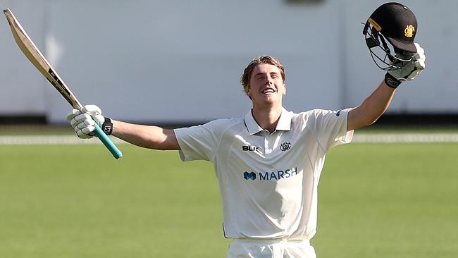 WA’s Cameron Green celebrates his century against Queensland on Tuesday. Picture: AAP