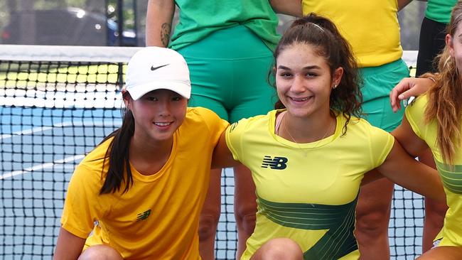 Koharu Nishikawa and Renee Alame training with the Australian Billie Jean Cup team. Photo by Chris Hyde/Getty Images