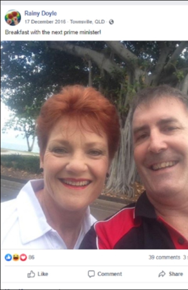 Glenn Doyle Facebook post with Pauline Hanson. Picture: Supplied