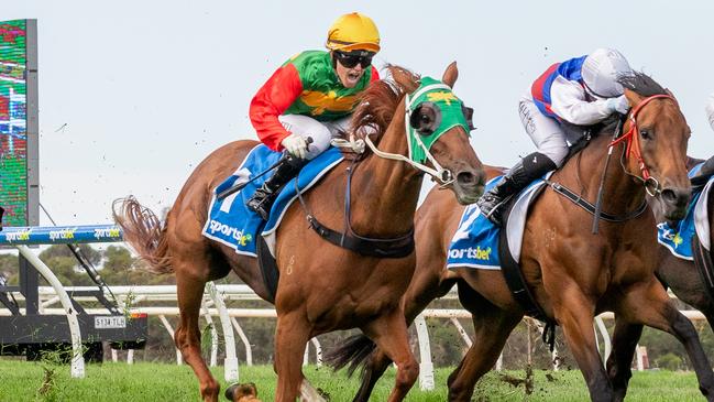 Caitlin Tootell guides Stormsarrived to victory in the Strathalbyn Cup on Sunday. Picture: Makoto Kaneko