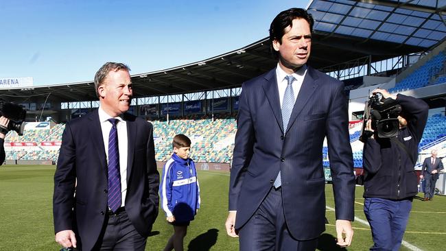 Premier Will Hodgman with AFL CEO Gillon McLachlan at Blundstone Arena.