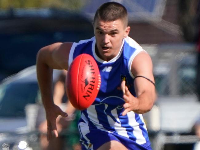 MPFNL footy  Division 1: Langwarrin v Pines played at Lloyd Park, Langwarrin. Langwarrin player Harry Tully. Picture: Valeriu Campan