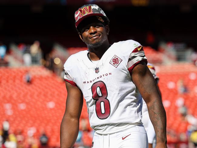 LANDOVER, MD - AUGUST 13: Brian Robinson #8 of the Washington Commanders looks on after the preseason game against the Carolina Panthers at FedExField on August 13, 2022 in Landover, Maryland. (Photo by Scott Taetsch/Getty Images)