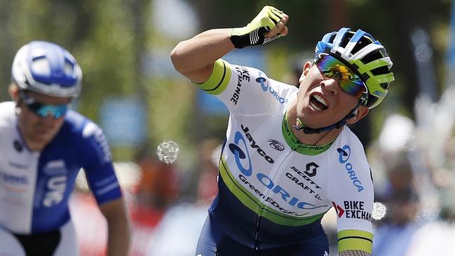 Herald Sun Tour Stage 2. Yarra Glen to Moe. Caleb Ewan f the Orica GreenEdge team wins stage 2 ahead of Tanner Putt . Pic: Michael Klein