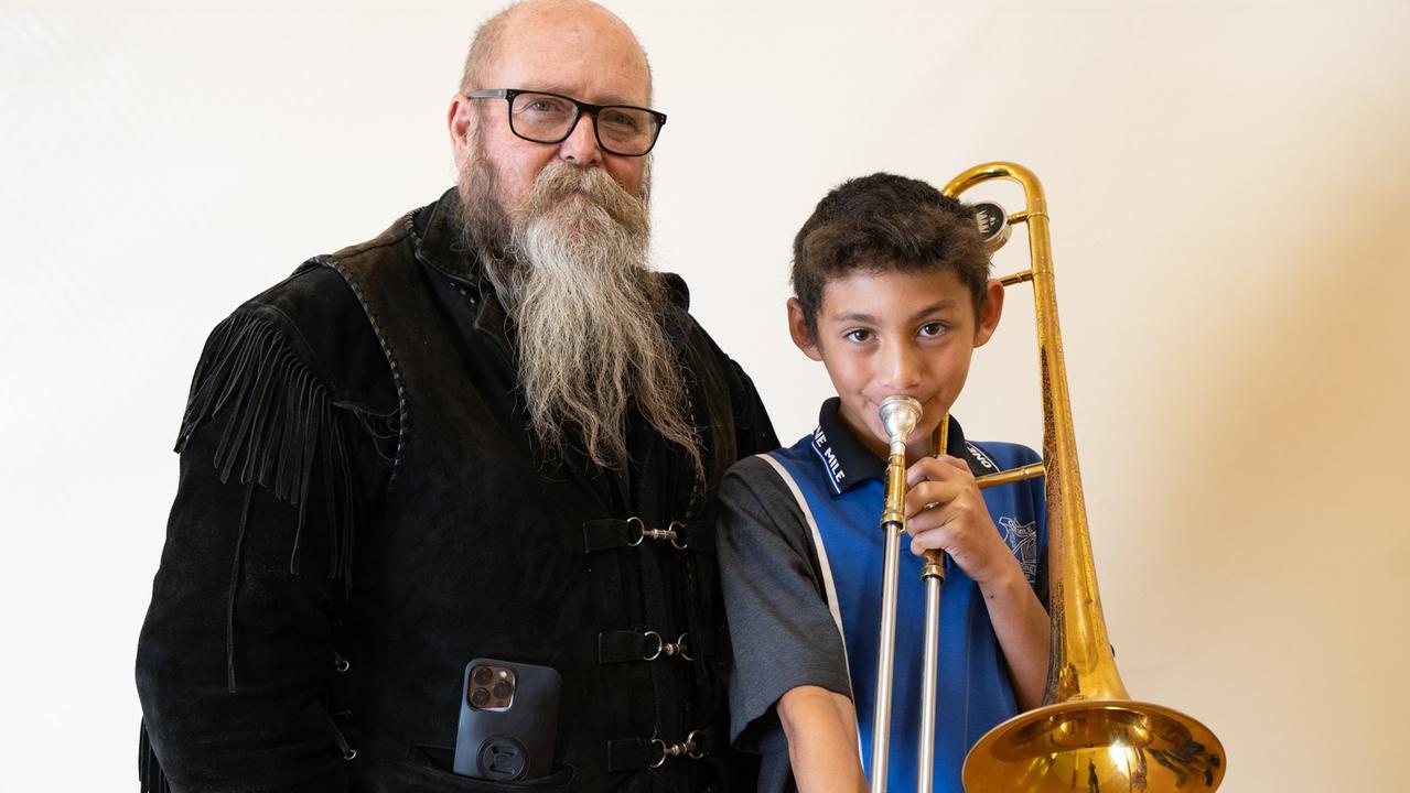 Des Lawlor and Junallaki Jones-Lawlor, who played trombone in the One Mile State School Concert Band in the Gympie Eisteddfod. July 31, 2023. Picture: Christine Schindler