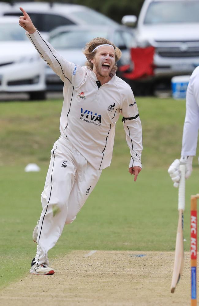 Cricket GCA1 Grand Final: North Geelong v East Belmont .North Geelong bowler Tom Mathieson reacts as he gets the wicket of East Belmont batsman Jack Jenkins caught Picture: Mark Wilson