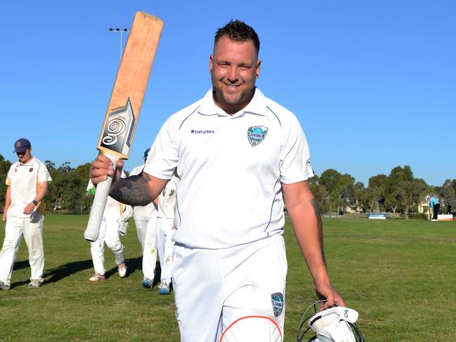 Rian Boddy after his century for Laurimar. Picture: Richard Rule