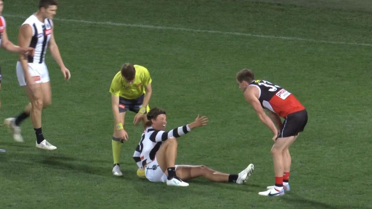 Jack Ginnivan wasn't getting any help from Ben Paton. Photo: Fox Footy.