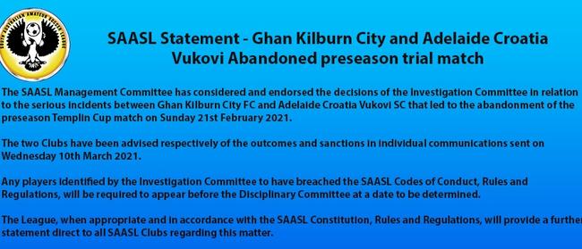 South Australian Amateur Soccer League statement on the on-field brawl between Adelaide Croatia Vukovi and Ghan Kilburn City. Picture: Supplied, SAASL website