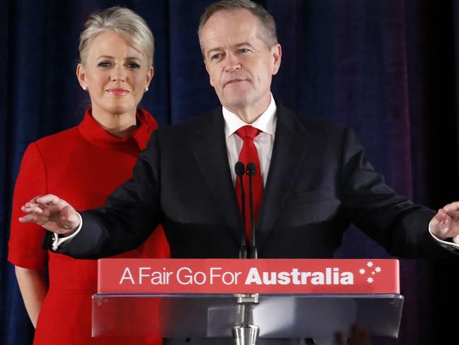 Former Labor leader Bill Shorten with wife Chloe speak to supporters after his defeat in the 2019 federal election. Picture: David Caird