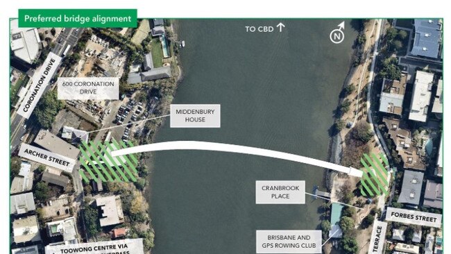 The preferred alignment of the Toowong to West End green bridge. Image: Brisbane City Council