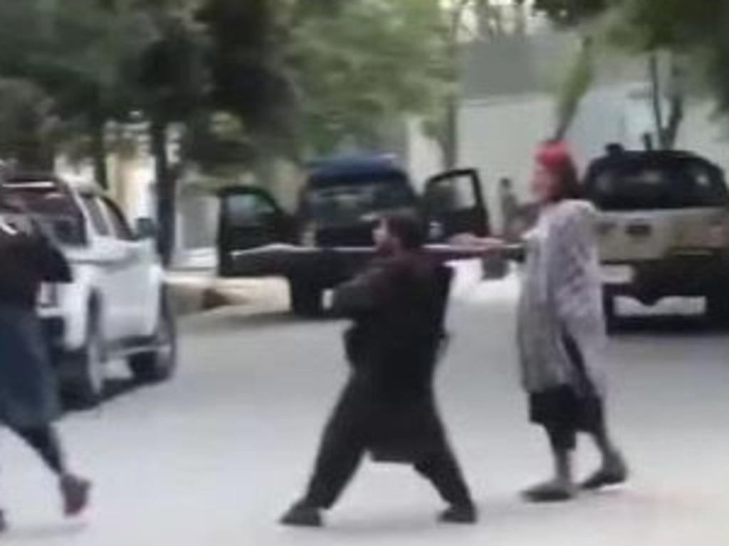 Taliban fighters point rocket launchers at people on the street. Picture: Supplied