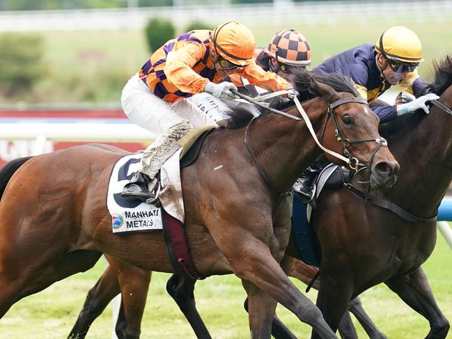 Welwal (GB) ridden by Luke Currie wins the Manhari Kevin Heffernan Stakes at Caulfield Racecourse on November 30, 2024 in Caulfield, Australia. (Photo by Scott Barbour/Racing Photos via Getty Images)