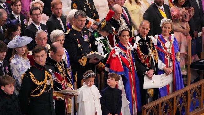 Prince Harry behind other royals at King Charles’ coronation. Picture: WPA Pool/Getty Images.