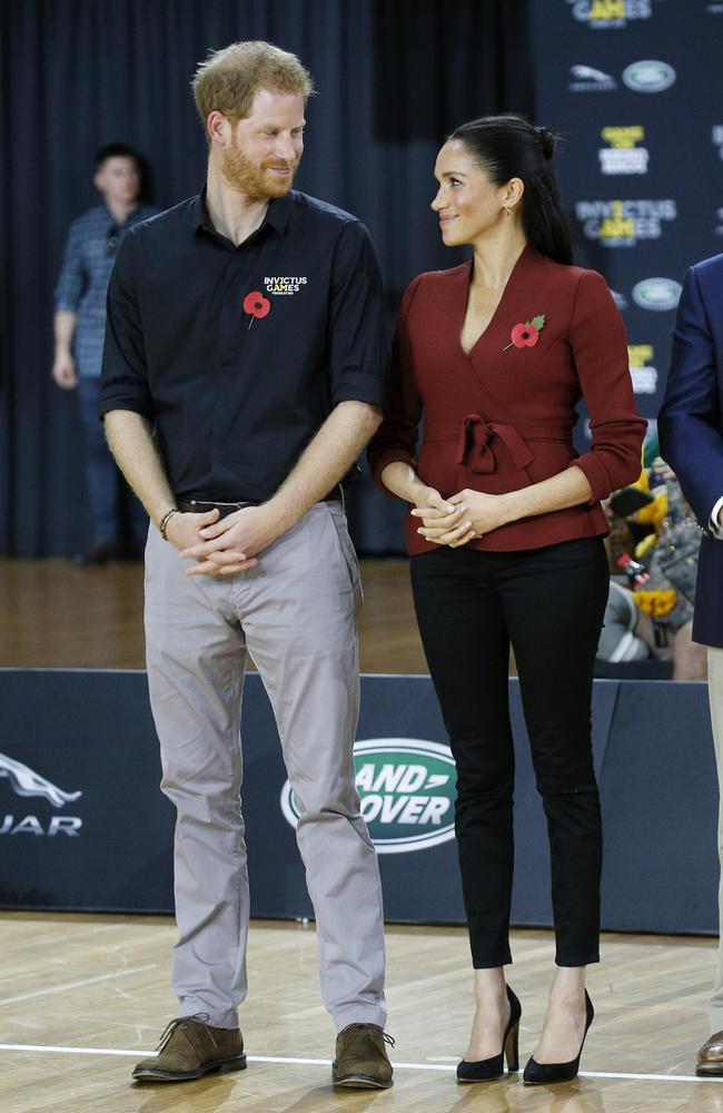 Prince Harry, Duke and Meghan, Duchess of Sussex pictured at the Invictus Games Wheelchair Basketball gold medal game at the Quaycentre arena at Sydney Olympic Park in Homebush, Sydney. Picture: Richard Dobson