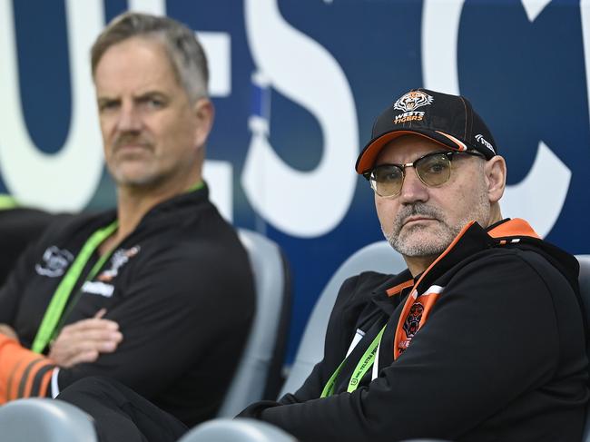 TOWNSVILLE, AUSTRALIA - JULY 01: West Tigers Board Director Lee Hagipantelis and CEO Justin Pascoe look on before the start of the round 18 NRL match between North Queensland Cowboys and Wests Tigers at Qld Country Bank Stadium on July 01, 2023 in Townsville, Australia. (Photo by Ian Hitchcock/Getty Images)