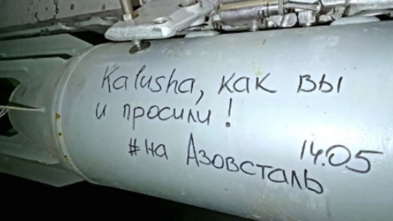 One message on a missile referenced the band’s plea for help to be sent to Mariupol. Picture: Telegram.