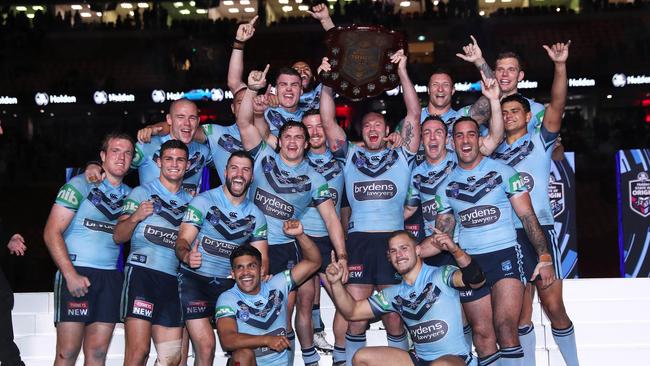 The NSW Blues celebrate with the series shield. Picture: Phil Hillyard