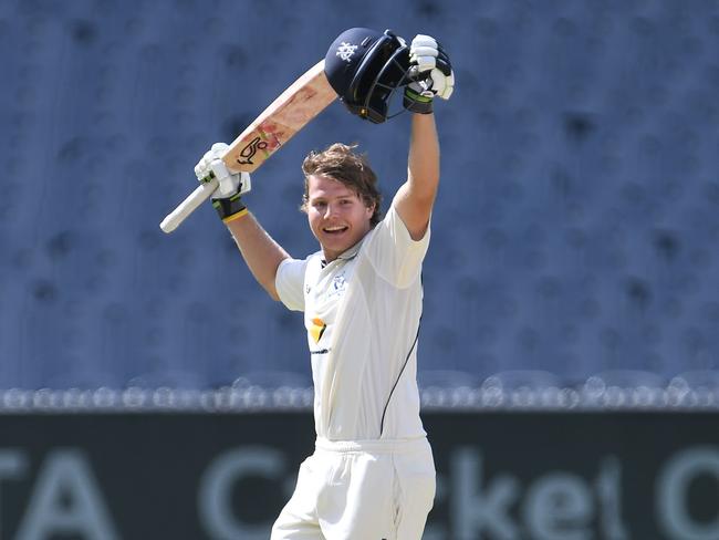 Will Pucovski celebrates notching a ton for Victoria.