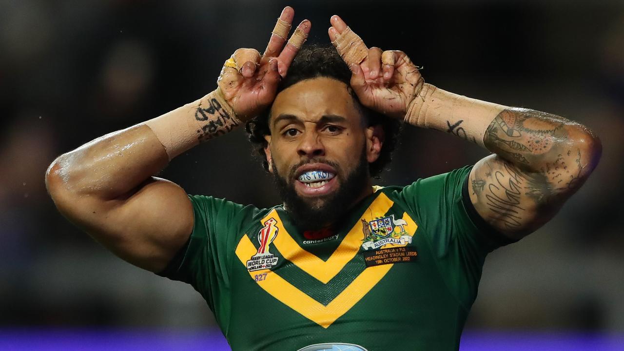 LEEDS, ENGLAND - OCTOBER 15: Josh Addo-Carr of Australia celebrates scoring their sides second try during the Rugby League World Cup 2021 Pool B match between Australia and Fiji at Headingley on October 15, 2022 in Leeds, England. (Photo by Jan Kruger/Getty Images for RLWC)