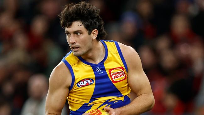 MELBOURNE, AUSTRALIA - JUNE 23: Tom Barrass of the Eagles in action during the 2024 AFL Round 15 match between the Essendon Bombers and the West Coast Eagles at Marvel Stadium on June 23, 2024 in Melbourne, Australia. (Photo by Michael Willson/AFL Photos via Getty Images)