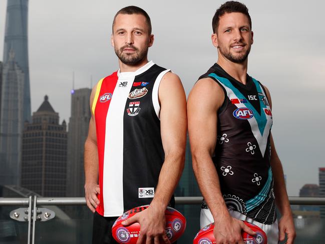 SHANGHAI, CHINA - MAY 30: Jarryn Geary of the Saints and Travis Boak of the Power pose for a photograph during the 2019 Port Adelaide and St Kilda Shanghai Match Official Press Conference at Bunyan Tree on the Bund on May 30, 2019 in Shanghai, China. (Photo by Michael Willson/AFL Photos)