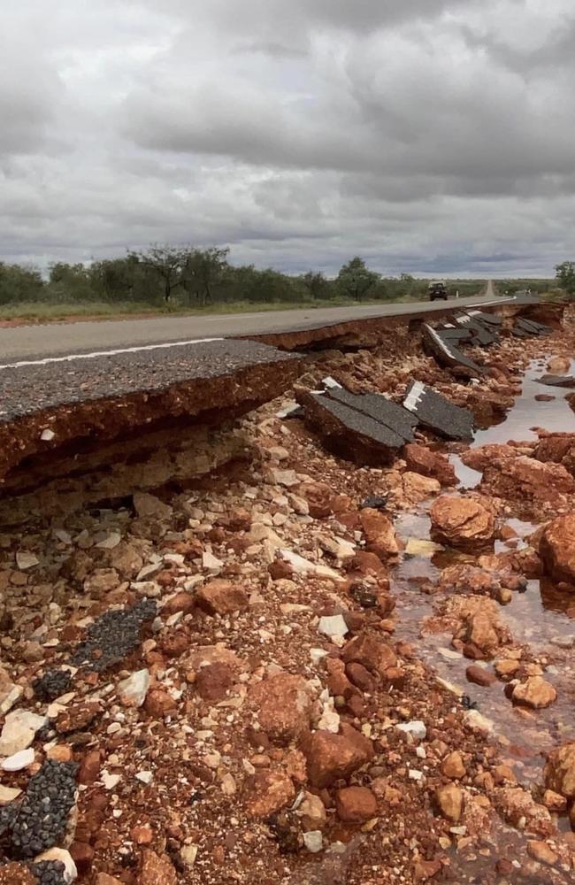 The Barkly Highway remains closed to the Queensland border after flooding and damage. Picture: Road Report NT