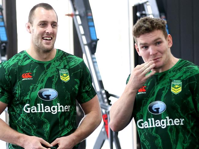 SYDNEY, AUSTRALIA - OCTOBER 06: Isaah Yeo and Liam Martin take part in a gym session during an Australia Kangaroos media opportunity ahead of the Rugby League World Cup at E-Lab Training on October 06, 2022 in Sydney, Australia. (Photo by Brendon Thorne/Getty Images)