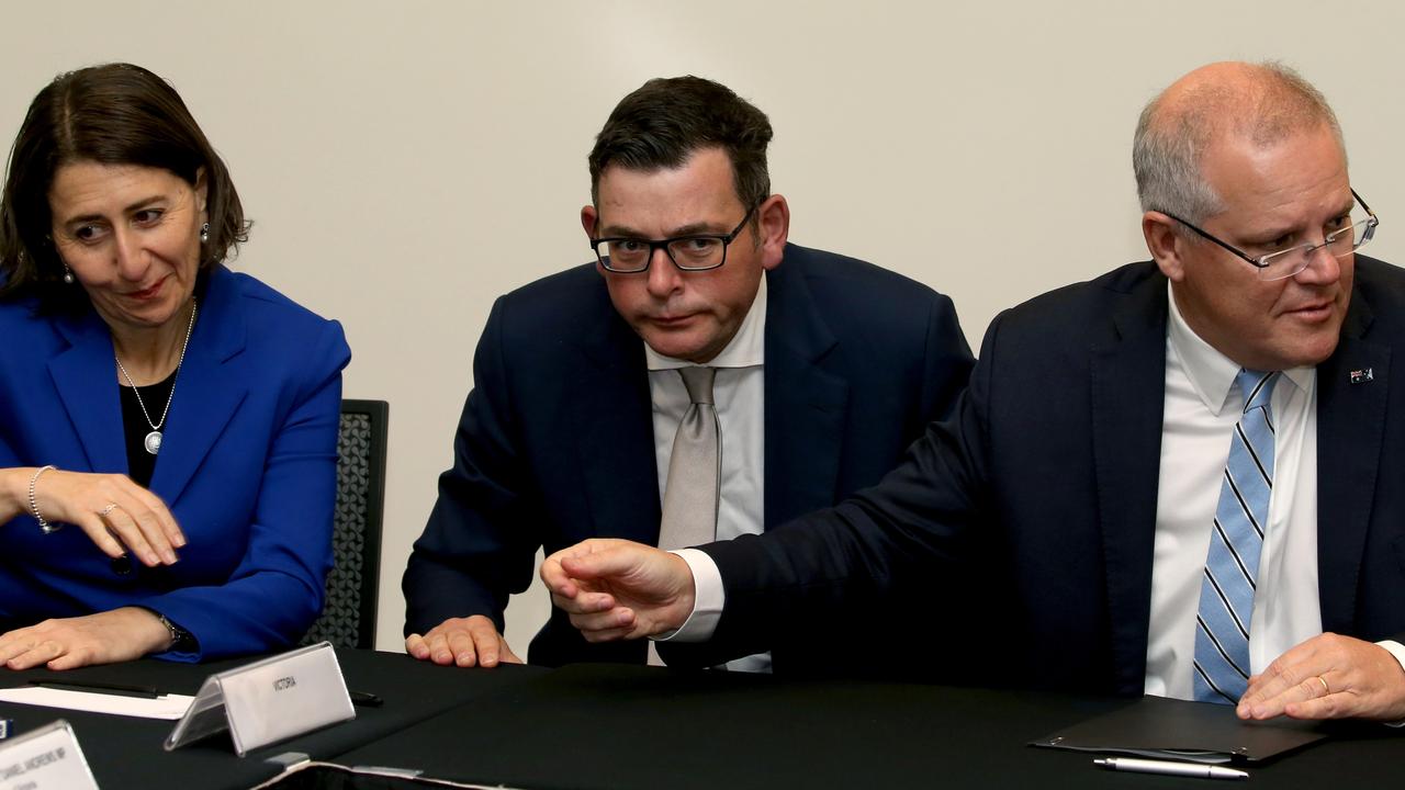 NSW Premier Gladys Berejiklian, Vic Premier Daniel Andrews and Prime Minister Scott Morrison. Picture: Anna Rogers