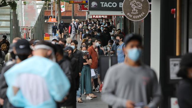 The queue for Covid testing at 4Cyte Pathology at Ultimo today. Picture: Richard Dobson