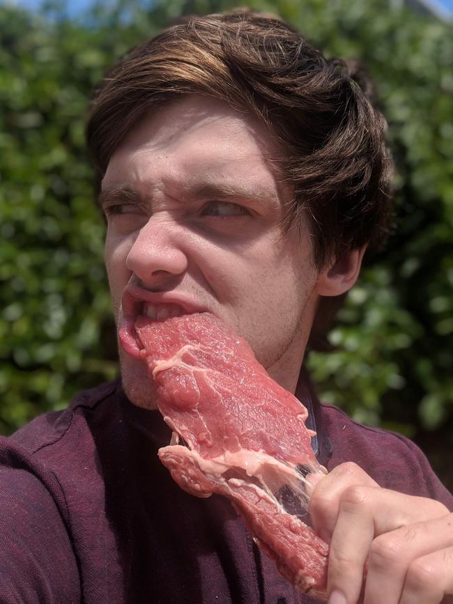 Luke Miller attends vegan protests and eats meat in front of them.