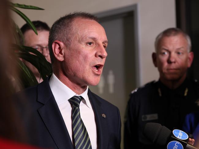 Premier Jay Weatherill addressing a media conference together with Police Commissioner Grant Stevens. Picture: Emma Brasier