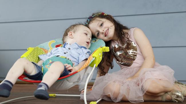 Mason Hamilton, 16 months, with his four-year-old sister, Alexandra. Photo: Peter Wallis