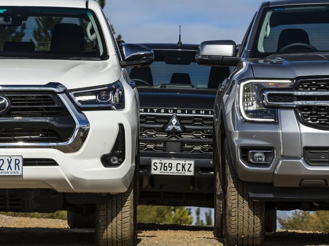 Toyota HiLux, Mitsubishi Triton and Ford Ranger utes. Photo: Mark Bean