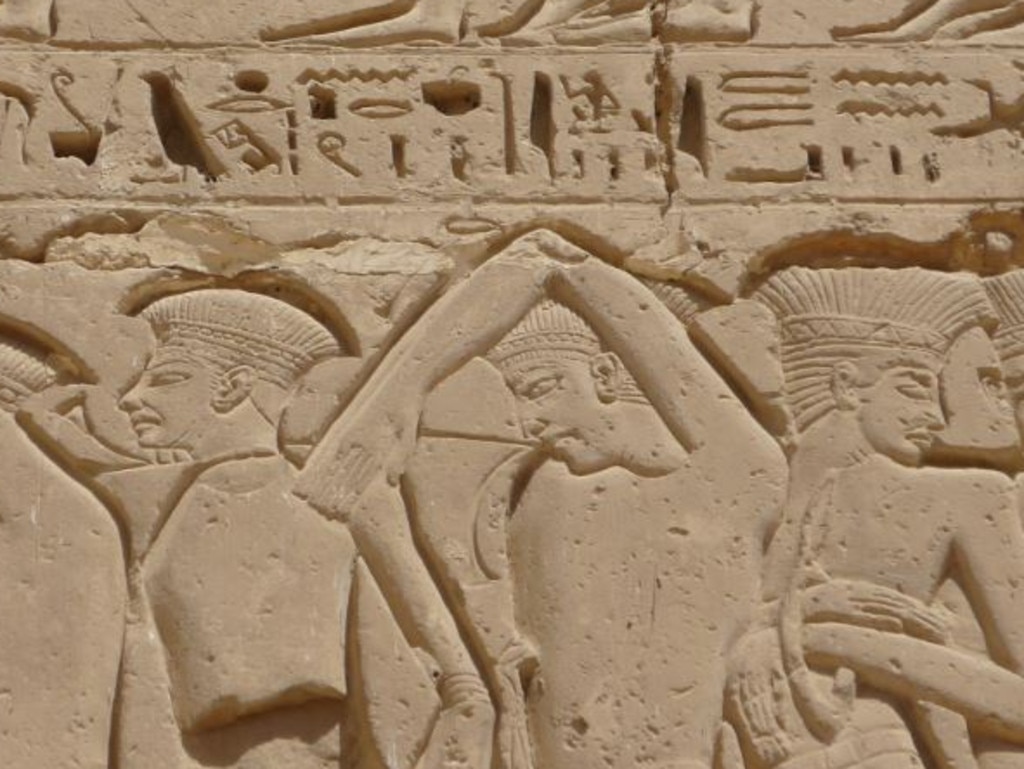 An Egyptian wall relief from the era of Ramses III showing captured Sea People refugees after the Battle of the Delta. Source: Wikimedia