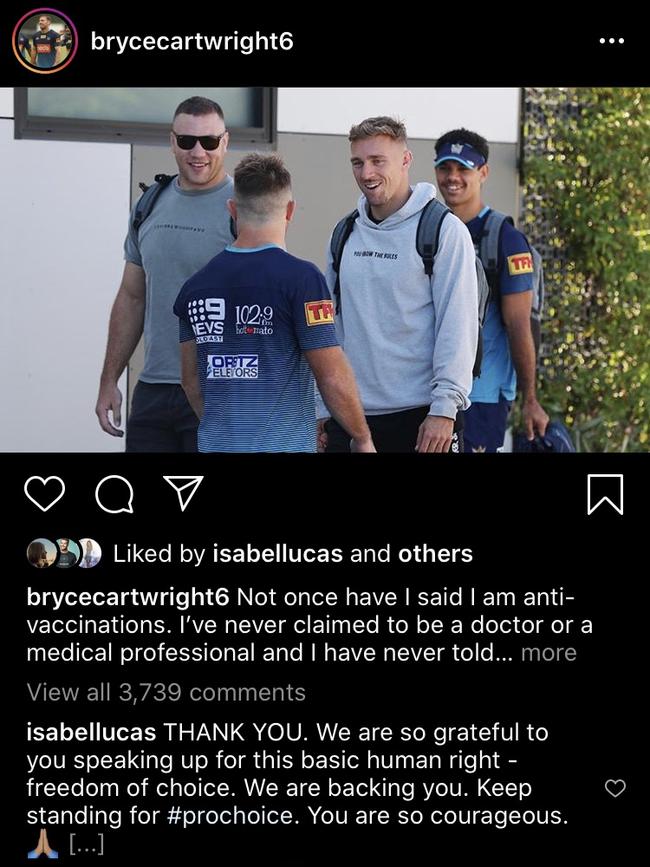 Isabel Lucas’s comment on Bryce Cartwright’s Instragm post.