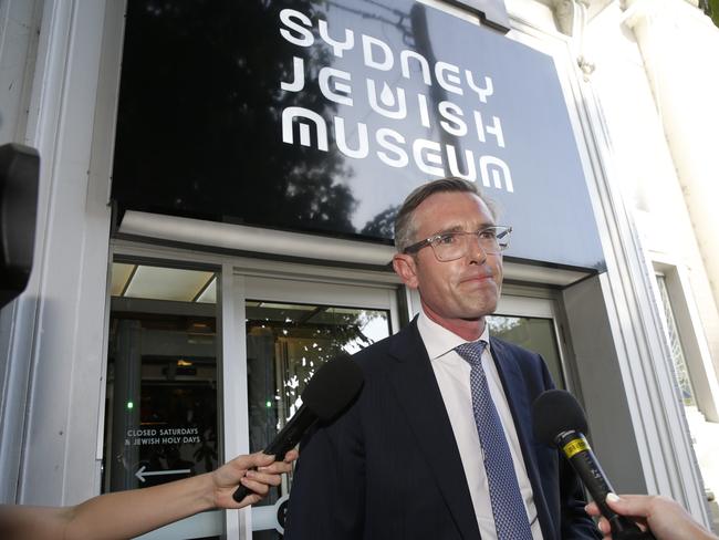 NSW Premier Dominic Perrottet outside the Sydney Jewish Museum. The Premier met with local Jewish community leaders in the wake of confessing to wearing a Nazi uniform to his 21st birthday fancy dress party. Picture: John Appleyard