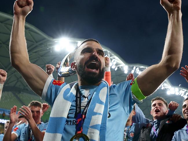 Socceroos left-back Aziz Behich celebrates Melbourne City’s A-League grand final win. Picture: Morgan Hancock/Getty Images