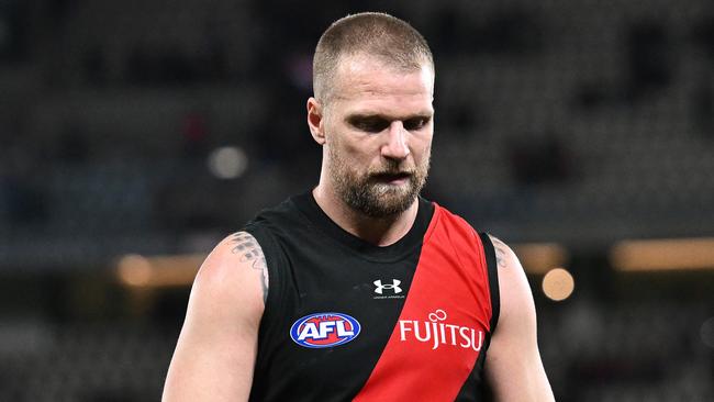 MELBOURNE, AUSTRALIA - JULY 19: Jake Stringer of the Bombers looks dejected after the round 19 AFL match between Essendon Bombers and Adelaide Crows at Marvel Stadium, on July 19, 2024, in Melbourne, Australia. (Photo by Daniel Pockett/Getty Images)