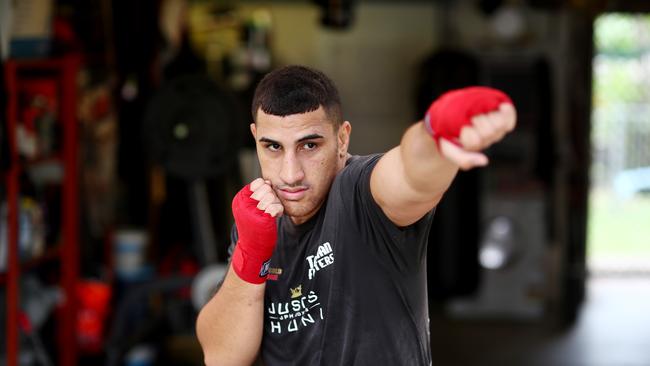 Justis Huni trains at home after gyms were closed due to the coronavirus. (Photo by Chris Hyde/Getty Images)